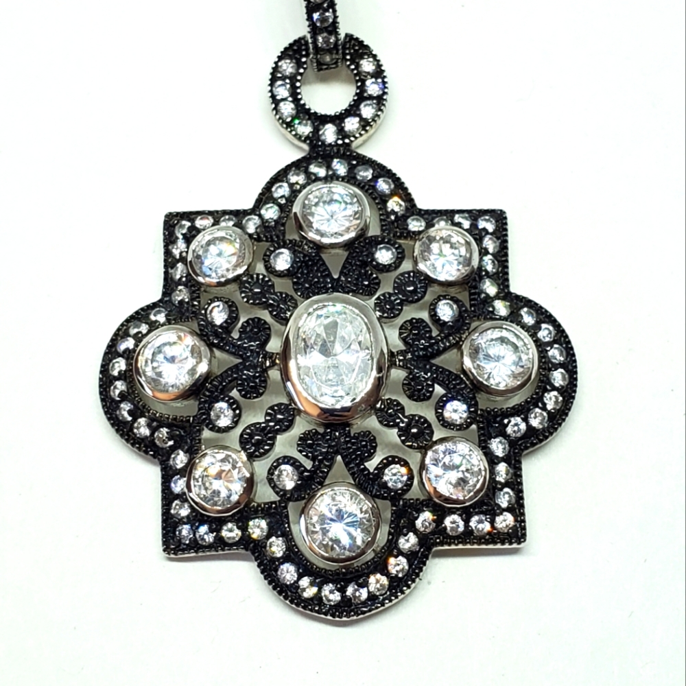 Vintage Sterling Silver Antiqued Cubic Zirconia Flower Pendant